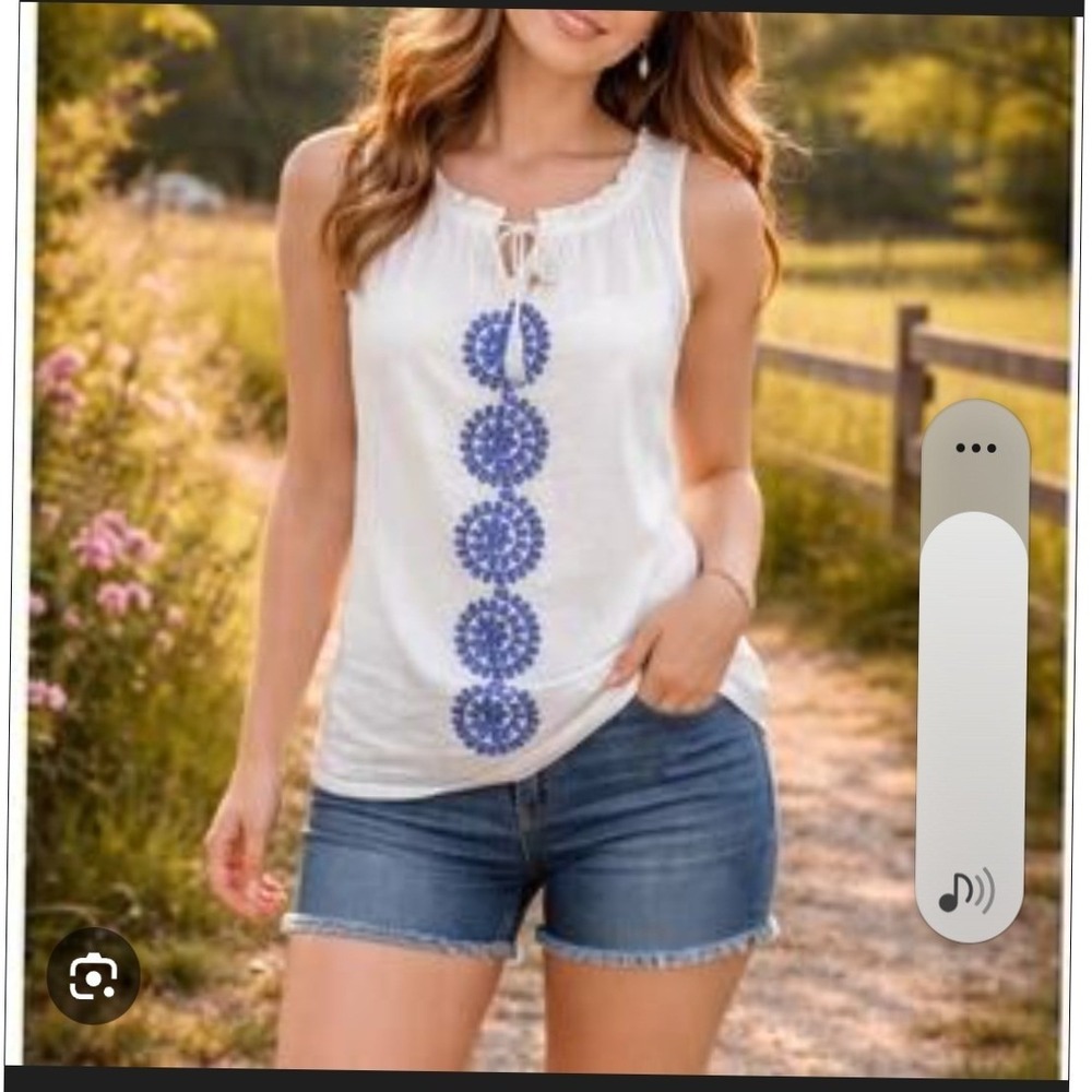Tommy Hilfiger Womens White Blue Embroidered‎ Sleeveless Ruffle Top IA77601625 S